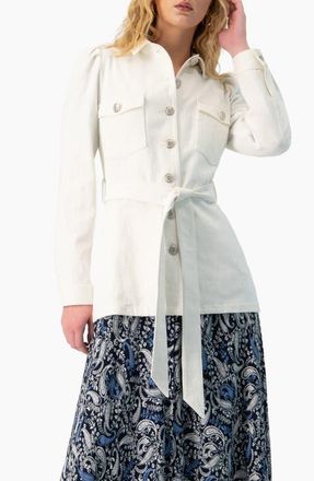 Ivonne Long Biker Jacket with Belt in White at Nordstrom, Size 14