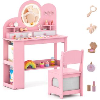 Costway Kids Princess Vanity Table & Chair Set with 2 Drawers-Pink