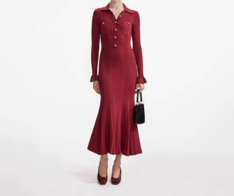 Self Portrait Ribbed Knit Midi Dress In Burgundy