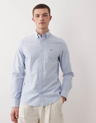 GANT Camicia Oxford slim fit azzurra con logo-Blu