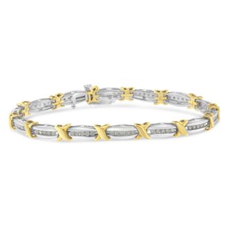 House of Brilliance Two-Tone 10K Yellow Gold over.925 Sterling Silver 1.0 Cttw Diamond Channel Set Tapered & X-Link 7 Tennis Bracelet