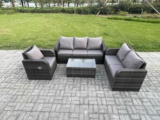 Fimous Patio Garden Furniture Sets Wicker 6 Seater Outdoor Rattan Furniture Sofa Sets with Rectangular Coffee Table Reclining Chair in Dark Grey