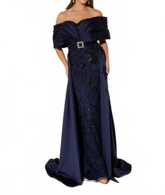 Terani Couture Off-The-Shoulder Embellished Gown In Dark Navy