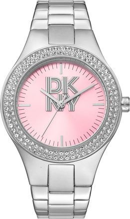 DKNY Women Watch, Silver Color Case, Rose Dial, Stainless Steel Metal Bracelet, 3 Hands, 5 ATM