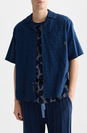 Scotch & Soda Windowpane Relaxed Fit Short Sleeve Button-Up Shirt in Pageant Blue at Nordstrom, Size Xx-Large