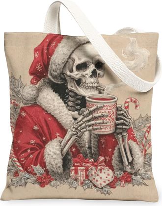 Generic Christmas Skeleton Canvas Tote Bags, Vintage Skull Design Reusable Grocery Bags, Winter Retro Lightweight Washable Shoulder, Red, 13x15 Inch