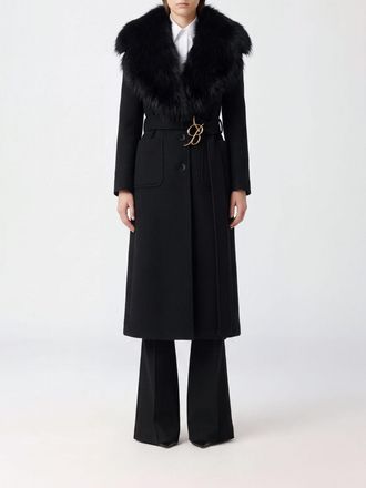 Blumarine Single-Breasted Long Wool Blend Coat with Fur Collar