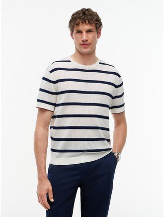 Tommy Hilfiger Mens New York Label Short-Sleeve Sweater - Ivory Petal/Navy - M