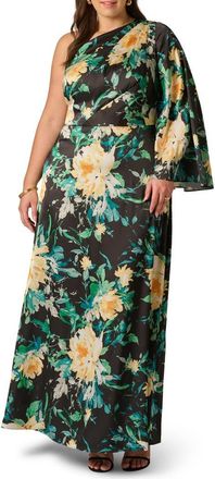 Adrianna Papell Floral Print One-Shoulder Gown in Black Multi at Nordstrom, Size 14W