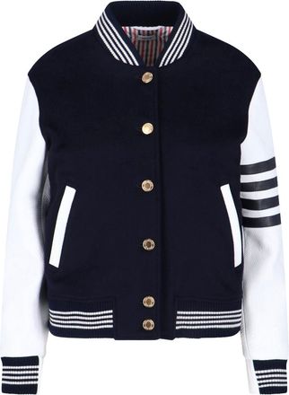 Thom Browne Navy Wool Varsity Leather Sleeve Jacket