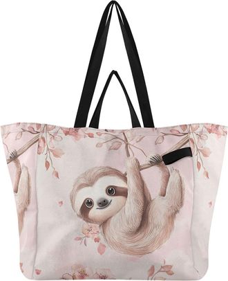 Generic Pink Sloth Blossom print Reusable Canvas Tote Bag, Heavy Duty Grocery Shopping Bag with Double Handles Large Capacity Hard Bottom Work Groceries Trave