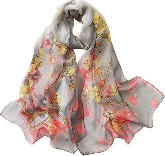 Generic Scarfs for Women Chiffon Scarf Lightweight Plum Blossom Leaf Pattern for Beach Daily Party Banquet (Plum Blossom Grey)