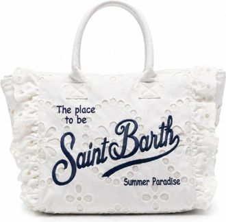 MC2 Saint Barth Ruffled Sangallo Cotton Tote Bag with Embroidered Accents