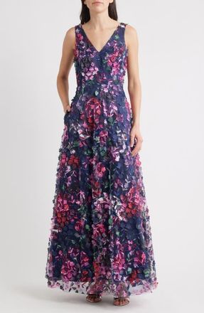 Eliza J Floral Appliqué Sleeveless A-Line Gown in Navy Multi at Nordstrom, Size 16
