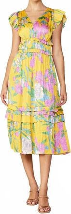 Current Air Floral Print Pleated Midi Dress In Marigold Multi