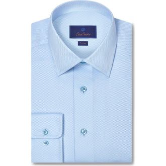 David Donahue Trim Fit Micro Diamond Dobby Cotton Dress Shirt in Sky at Nordstrom, Size 18.5 - 36