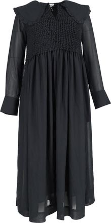 Ganni Ganni Smocked Bodice Midi Long Sleeve Dress in Black Polyester
