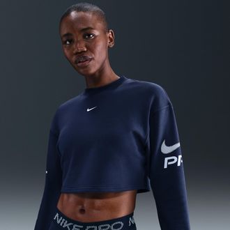 Nike Womens Nike Pro Dri-FIT Loose Crew-Neck French Terry Sweatshirt in Blue | HV3591-410