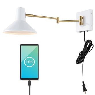 Jonathan Y Designs Hygge Swing Arm 1-Light Modern Midcentury Iron USB Charging Port LED Sconce in White at Nordstrom