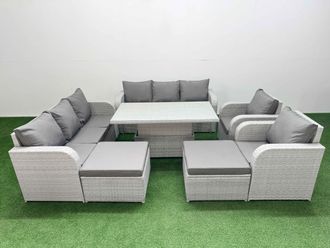 Fimous PE Rattan High Back Lounge Sofa Set Patio Adjustable Lifting Dining or Coffee Table & Chairs Set w/ 3 Seater Sofa Reclining Chair 2 Big