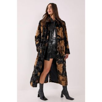 NASTY GAL Cow Print Faux Fur Longline Coat in Brown at Nordstrom, Size 10