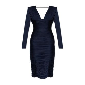 Versace Kleedjes, Dames, Blauw, S, Gedrapeerde Midi-jurk van Zijde Cr&ecirc;pe Jersey