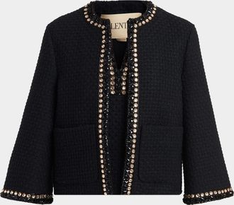 Valentino Garavani Crystal-Trim Wool Jacquard Open Coat