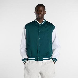 New Balance Mens Athletics Varsity Jacket in Green/White Cotton Twill, size X-Large