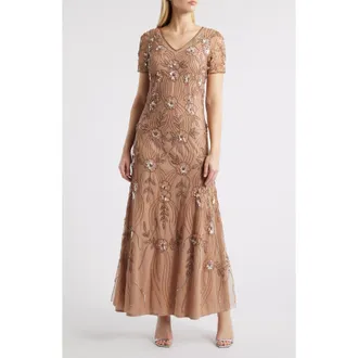 Pisarro Nights Beaded Tulle Gown in Mocha at Nordstrom Rack, Size 10