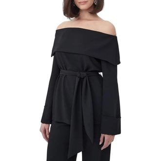 Trina Turk Lyndi Top Womens Black Off-the-Shoulder Tie Waist Long Sleeve JDM2327