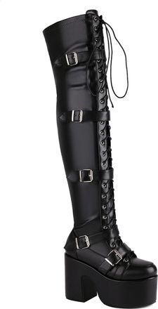 Generic Womens PU Leather Thigh High Boots Lace Up Gothic Punk Boots with Buckle Block High Heel Platform Long Boot,Black,4.5 UK