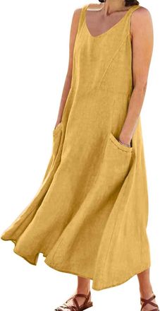 Generic Summer Linen Dress for Women 2026 Trendy Sleeveless Cotton Boho Maxi Dresses Loose Flowy Comfy Beach Dress with Pockets