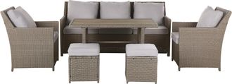 Beliani Conjunto De Jard&iacute;n 5 Plazas De Rat&aacute;n Sint&eacute;tico Gris Sof&aacute;s 2 Sillones Mesa 2 Otomanas Cojines Grises Comedor Exterior Fonti