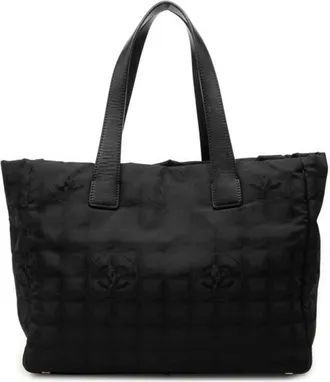 Chanel New Travel Line Black Nylon Leather Handbag Tote Bag (Pre-Owned)