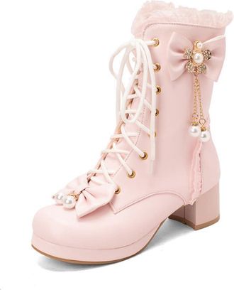 Generic Womens Bow Adorned Lace Up Mid Calf Boots Round Toe Block Heels Faux Leather Multi Color Comfortable Non Slip Wear Resistant Party Prom Cosplay Shoes,