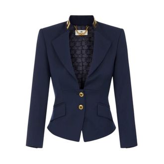 Elisabetta Franchi Blazer in Gabardine con Placca Logo Oro - - Jackets - Donna - Blu - L