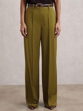 Reiss Green Petite Wide-leg Pintuck Trousers, 10