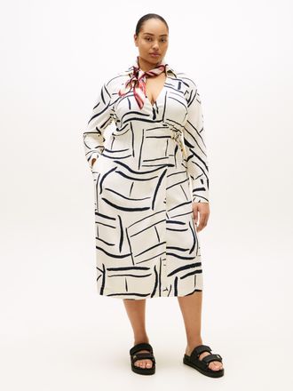 Tommy Hilfiger Shirtkleid TOMMY HILFIGER CURVE CRV VIS TWILL MIDI SHIRT DRS LS, Damen, Gr. 48, N-Gr, flag feathers calico, Jersey, Obermaterial: 100% Viskose, bedruc