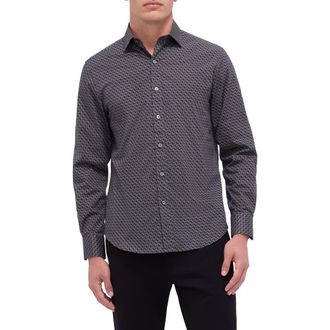 Bugatchi Axel Shaped Fit Basketweave Print Stretch Button-Up Shirt in Anthracite at Nordstrom Rack, Size Xxx-Large