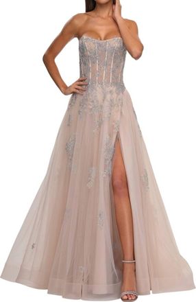 La Femme Stunning Tulle A-Line Rhinestone Prom Dress In Blush
