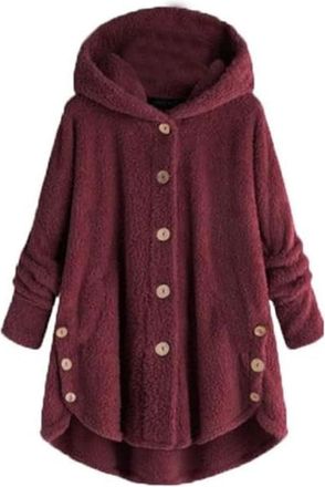 Generic Plus Size Fleece Bed Jacket for Women Soft Fuzzy Button Hooded Lightweight Winter Lounge Coat Outerwear (Wine red,3XL)