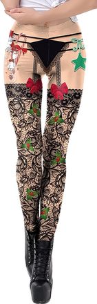 Feoya Womens Christmas Costumes Print Stretchy Leggings Xmas Funny Tights Santa Striped Leggings Yoga Skinny Pants Festival Trousers Workout Running Pilates
