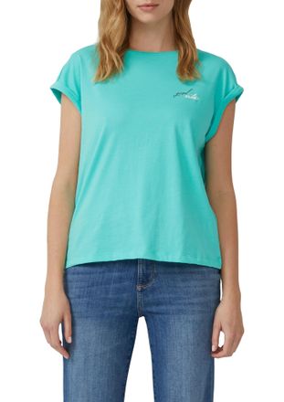 s.Oliver T-Shirt S.OLIVER, Damen, Gr. 40, blau (pool blau), Jersey, Obermaterial: 100% Baumwolle, bedruckt, relaxed fit taillenbedeckt, Rundhals, Shirts T-Shir