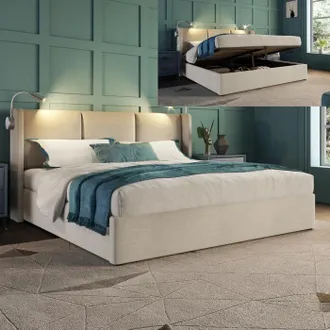 OEM Lit Cofano 160x200 Cm - Con Rete A Doghe - Lampade Da Lettura E Porte Usb - Tessuto In Lino - Beige
