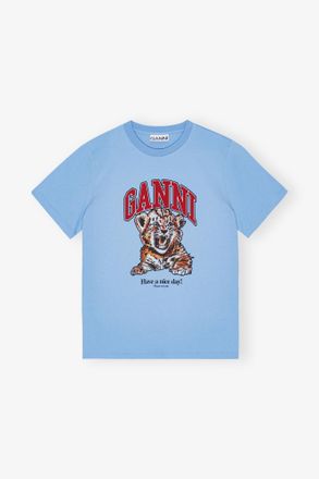 Ganni Blue Relaxed Jersey Tiger T-shirt - Size XS Organic Cotton