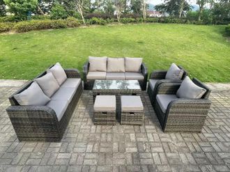 Fimous 10 Seater Dark Grey PE Rattan Garden Furniture Set Reclining Chair 3 Seater Lounge Sofa Set Coffee Table