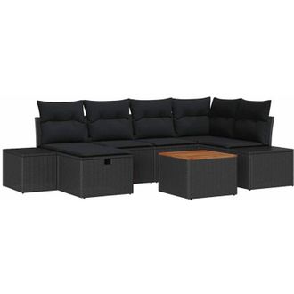 vidaXL Conjunto De Sof&aacute; De Jard&iacute;n Con Coj&iacute;n 7 Pcs Negro Polirat&aacute;n