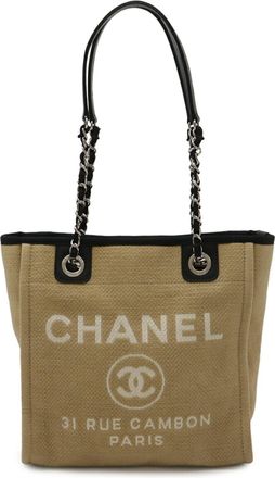 Chanel Beige Black Canvas Shoulder Bag Tote Bag (Pre-Owned)