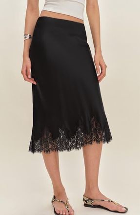 Reformation Carolina Lace Trim Silk Midi Skirt in Black at Nordstrom, Size X-Small