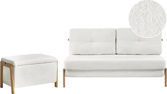 Beliani Conjunto De Sala De Estar Sof&aacute; Tapizado Con Funci&oacute;n De Cama Y Banco Con Almacenaje Hierro Boucl&eacute; Blanco Edland